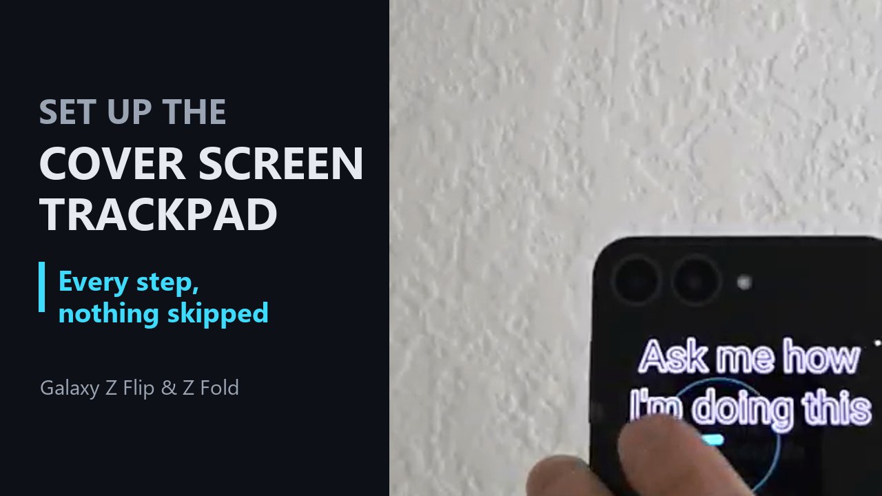 Set up the Cover Screen Trackpad &mdash; a finger on the back of a Galaxy Z Flip, with the cover screen lit